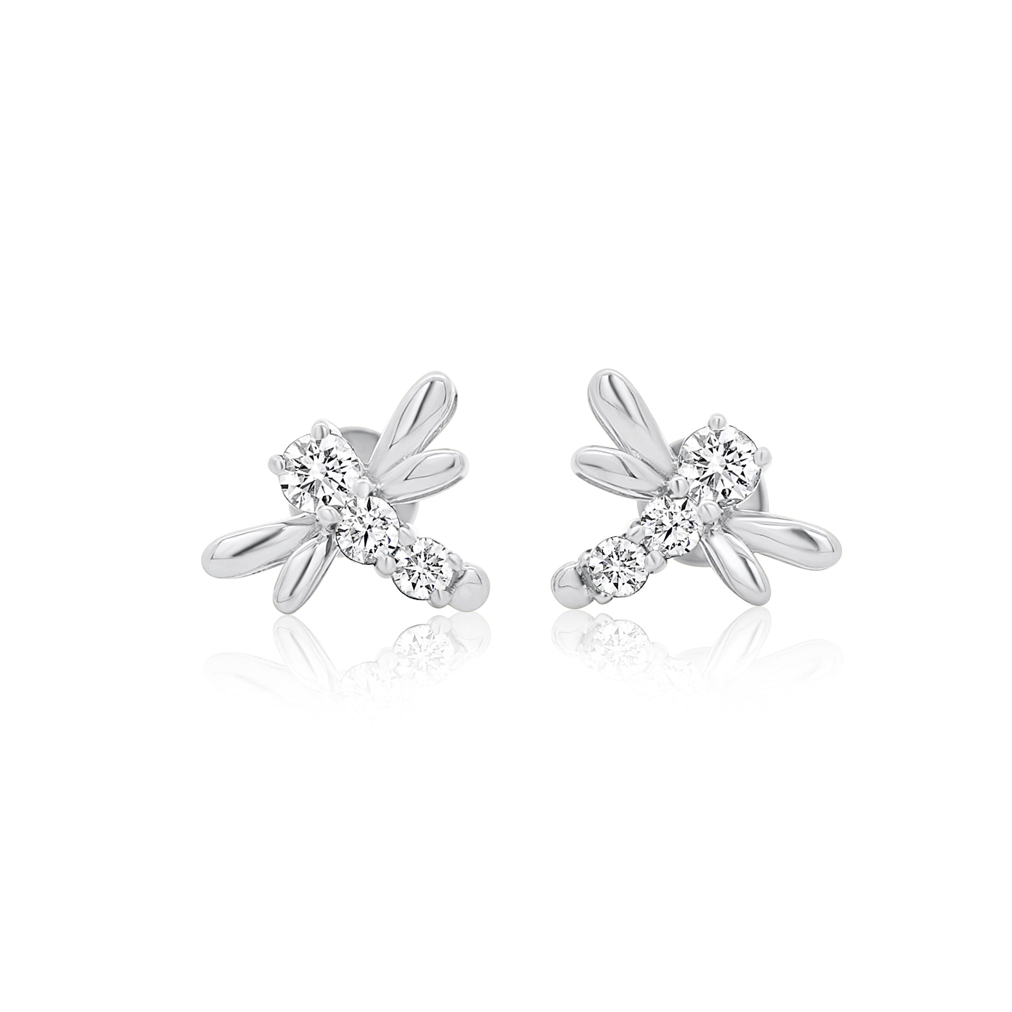 14K White Gold Dragonfly Stud Earrings Emerald, Ruby, Diamond
