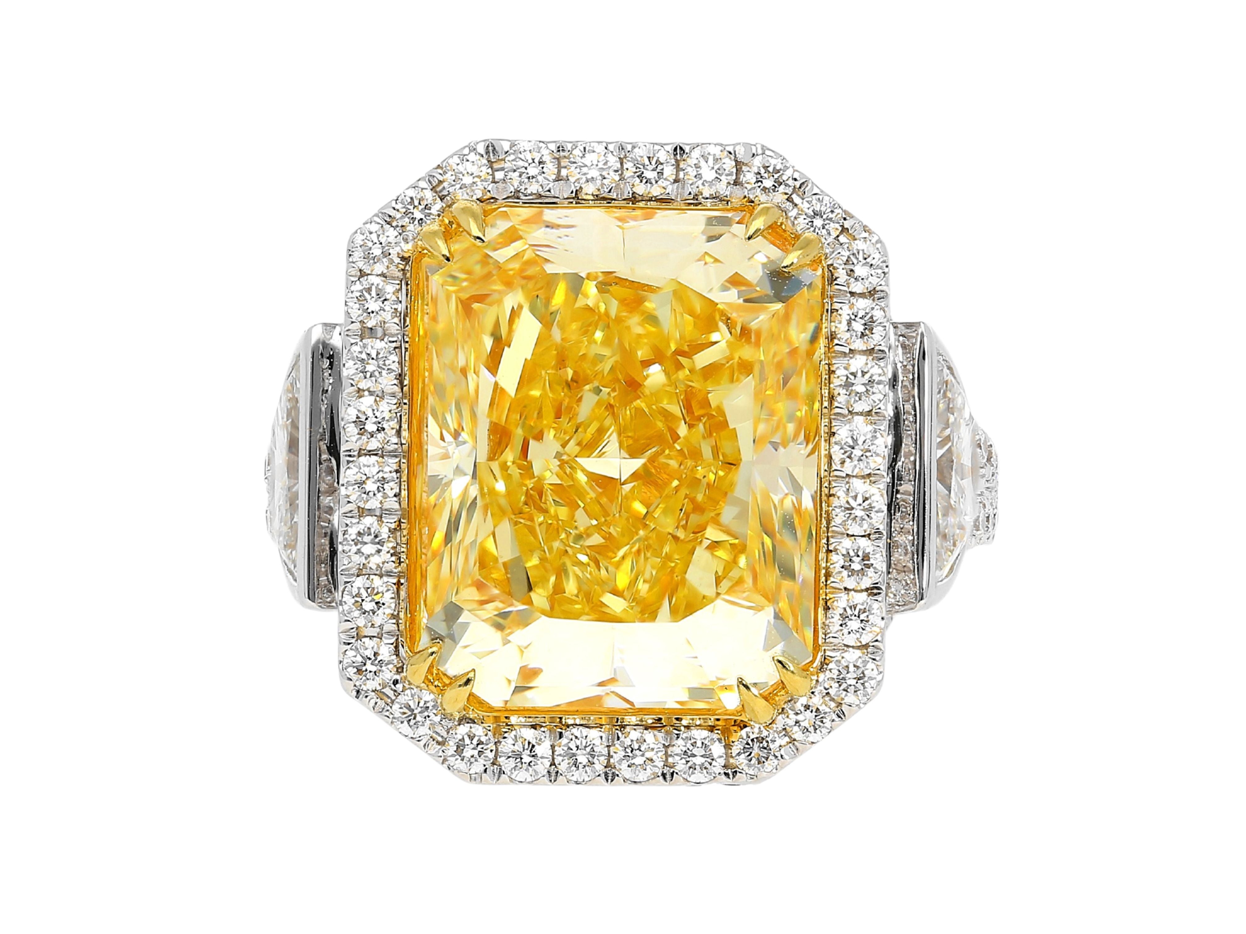 GIA Cert. 10.20 Carat Radiant Fancy Intense Yellow & Half Moon Cut Diamond  Ring