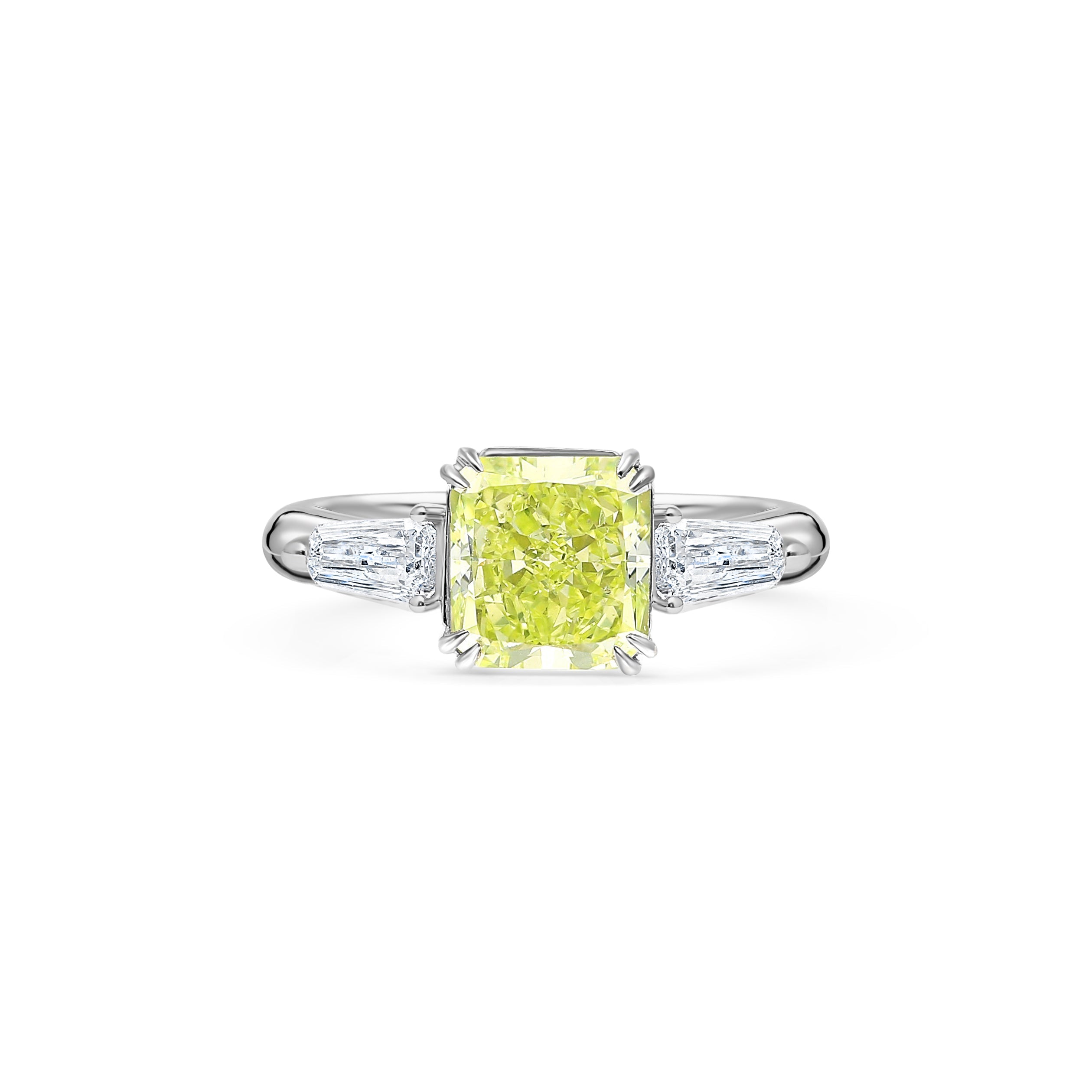 GIA Certified 2.22 Carat Fancy Yellow-Green Radiant Cut Diamond 3 Stone  Ring in 18K White Gold