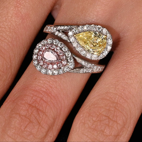 GIA Certified Fancy Intense Yellow & Fancy Light Pink Diamond Toi Et Moi Ring in 18K White Gold