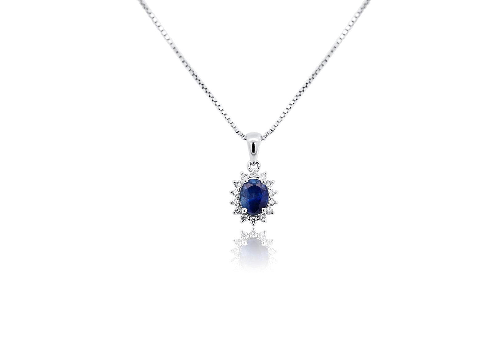 Natural 1.20 Carat Oval-Cut Blue Sapphire and Diamond Halo Pendant Necklace