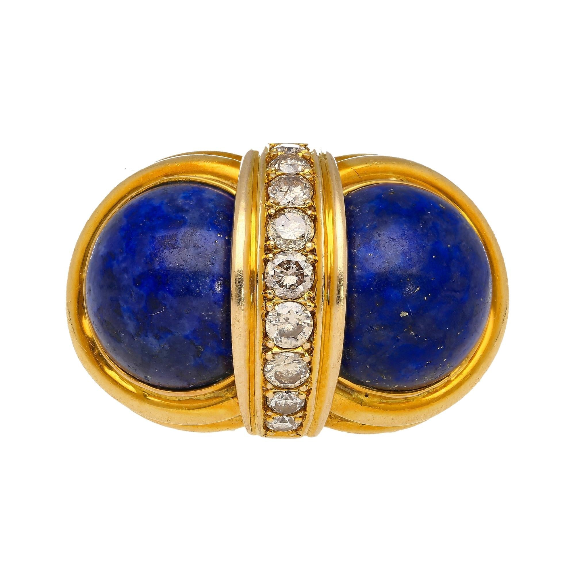 Vintage Cabochon Cut Lapis Lazuli and Diamond in 18K Yellow Gold