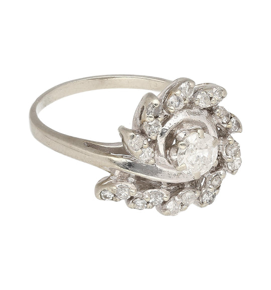 0.45 Carat Old European Cut Diamond Halo 14K White Gold Floral Engagement Ring