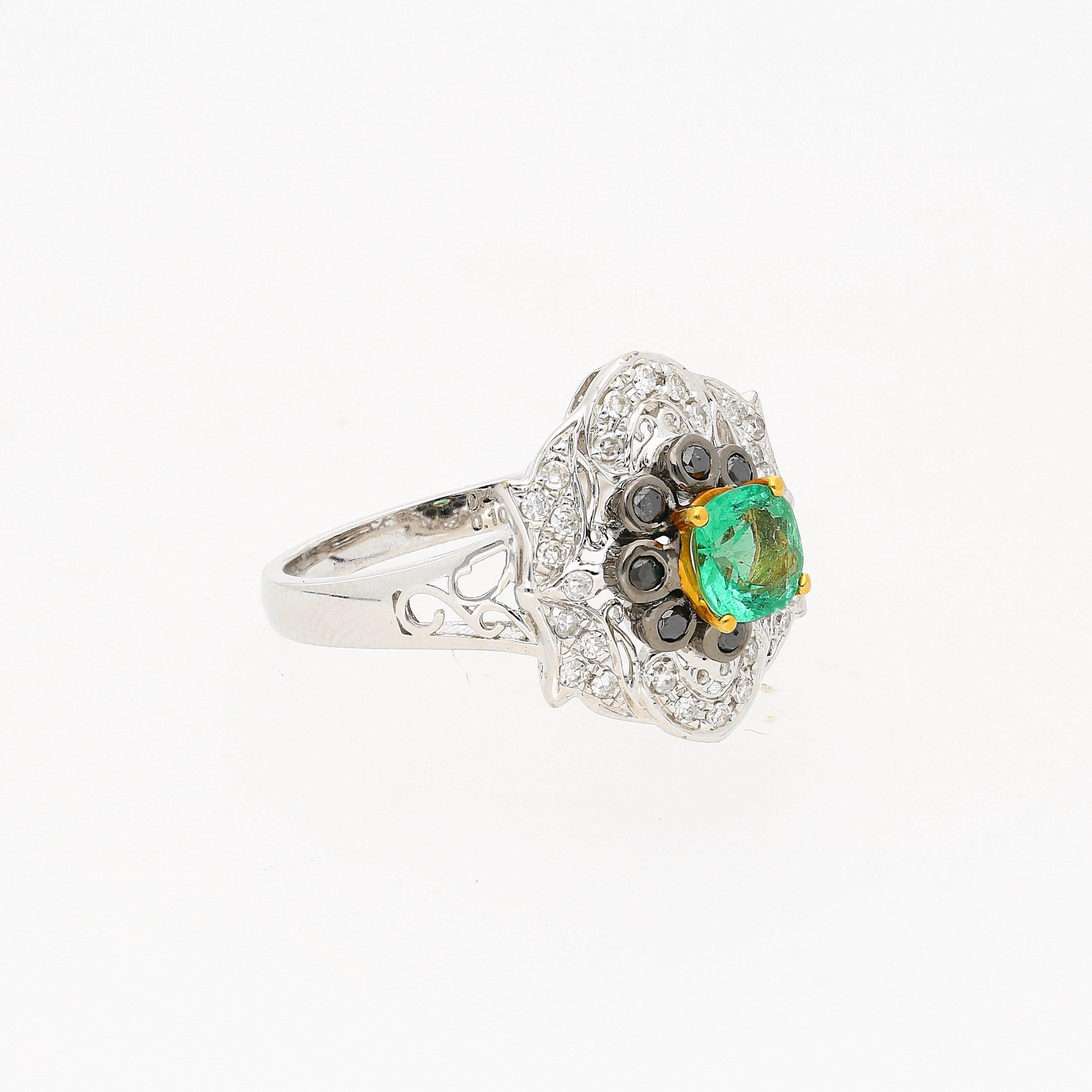 0.48 Carat Cushion Cut Emerald with Black and White Diamonds 14k White Gold Ring - ASSAY