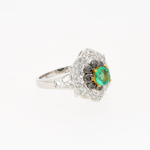 0.48 Carat Cushion Cut Emerald with Black and White Diamonds 14k White Gold Ring