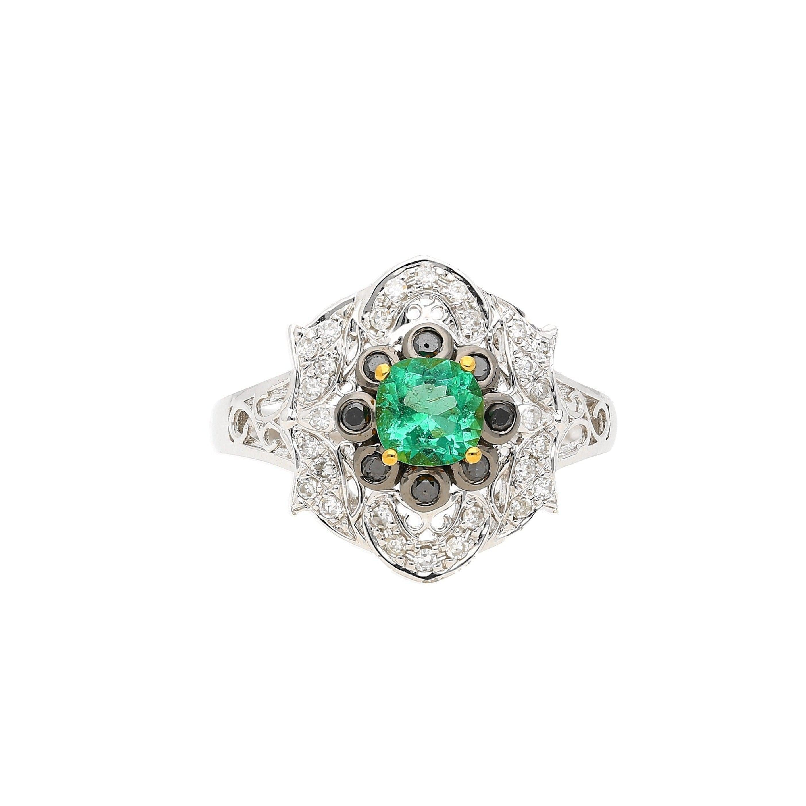 0.48 Carat Cushion Cut Emerald with Black and White Diamonds 14k White Gold Ring - ASSAY