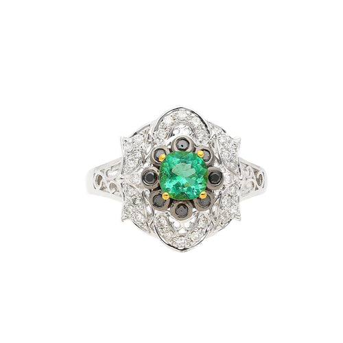 0.48 Carat Cushion Cut Emerald with Black and White Diamonds 14k White Gold Ring