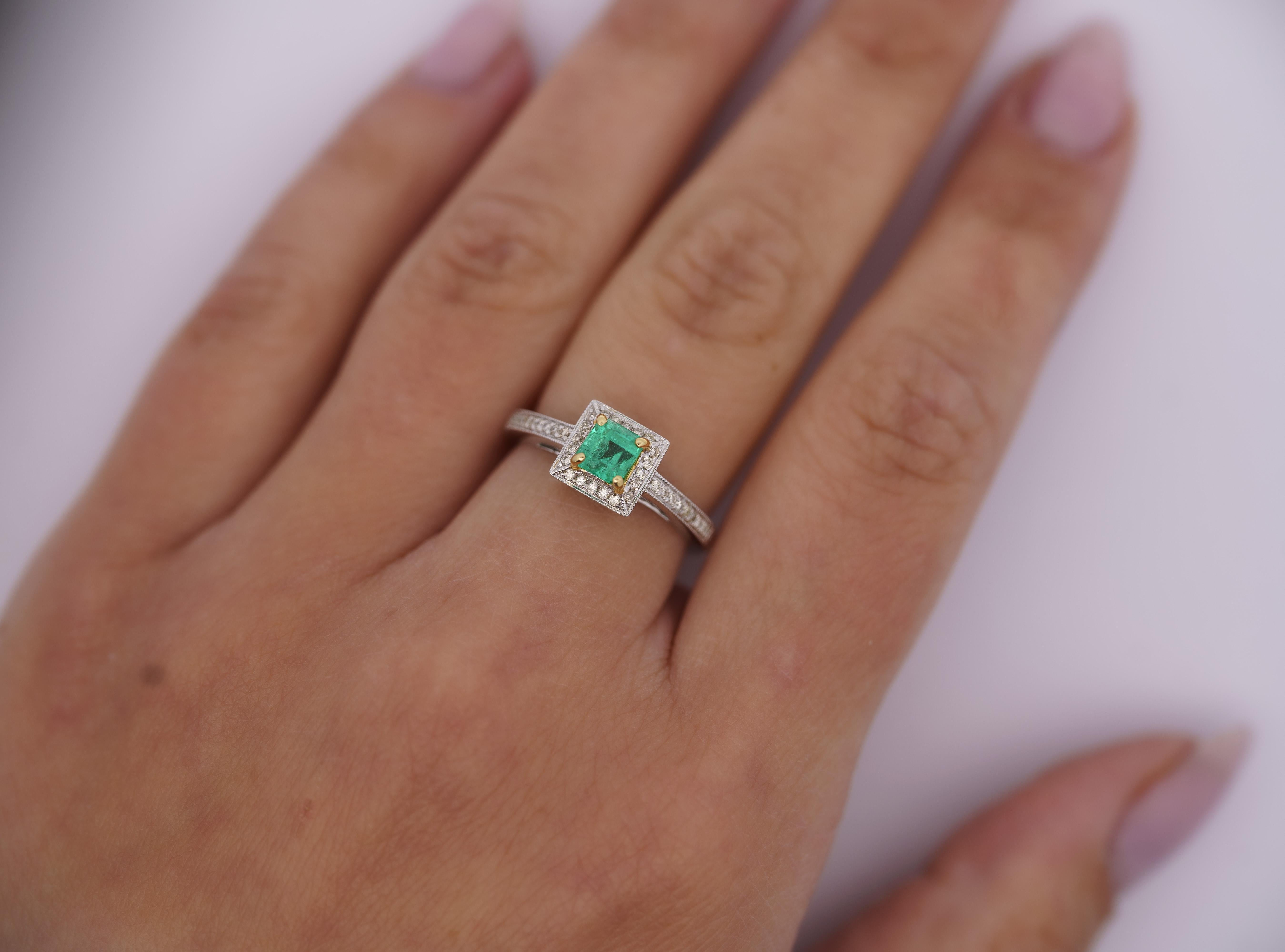 0.61 Carat Emerald & Diamond Square Shape Ring in 14K White Gold Size 6.5