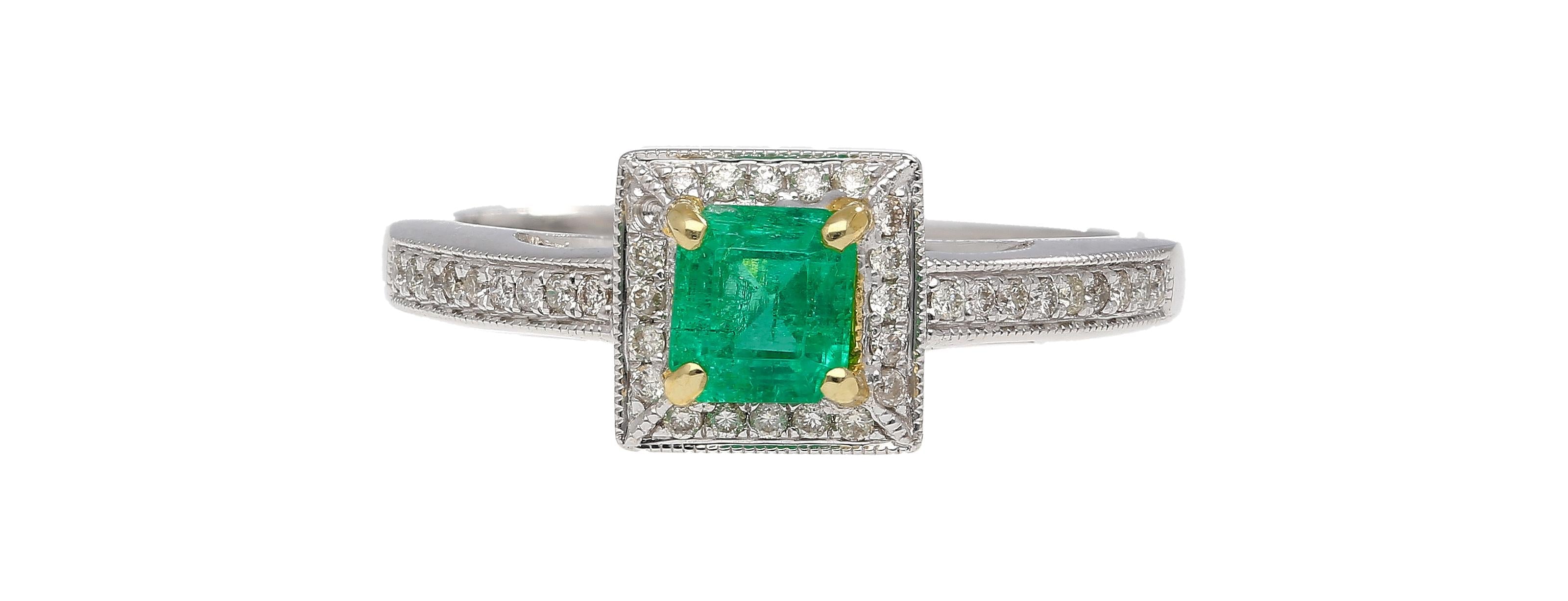 0.61 Carat Emerald & Diamond Square Shape Ring in 14K White Gold Size 6.5