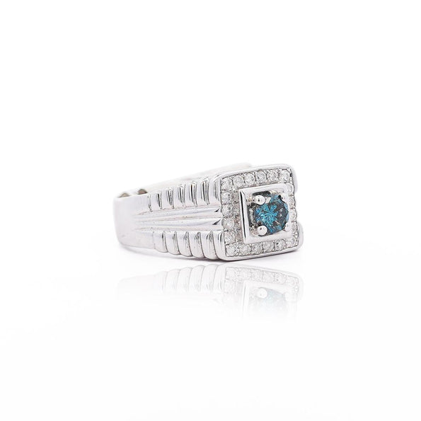 0.74 Carat Blue & White Diamond White Gold Ribbed Men's Ring