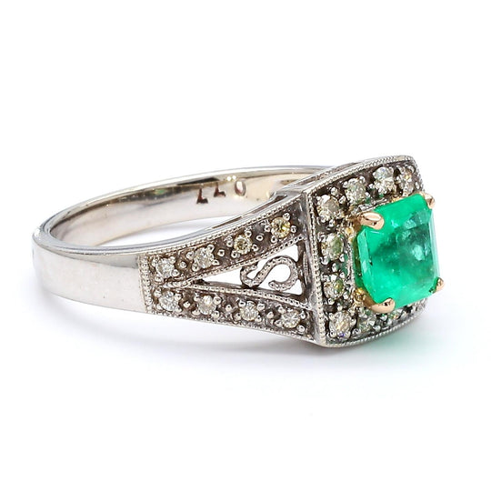 0.77 Carat Square Emerald and Diamond Filigree Halo 14K White Gold Ring