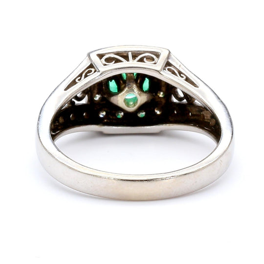 0.77 Carat Square Emerald and Diamond Filigree Halo 14K White Gold Ring