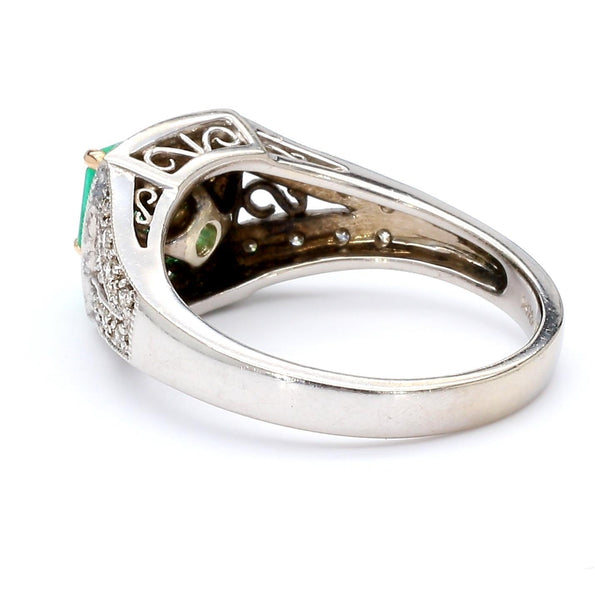 0.77 Carat Square Emerald and Diamond Filigree Halo 14K White Gold Ring