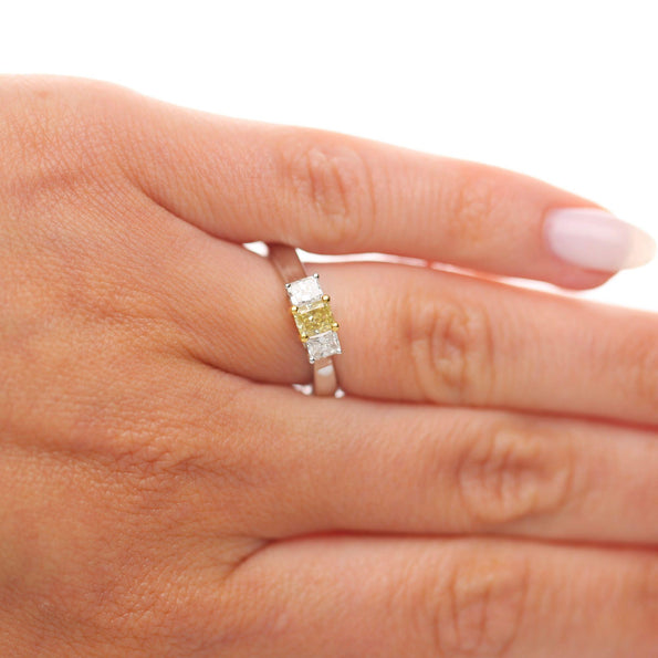 0.87 Carat Yellow and White Diamond Princess Cut 18K 3 Stone Ring