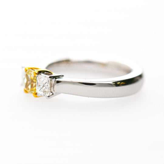 0.87 Carat Yellow and White Diamond Princess Cut 18K 3 Stone Ring