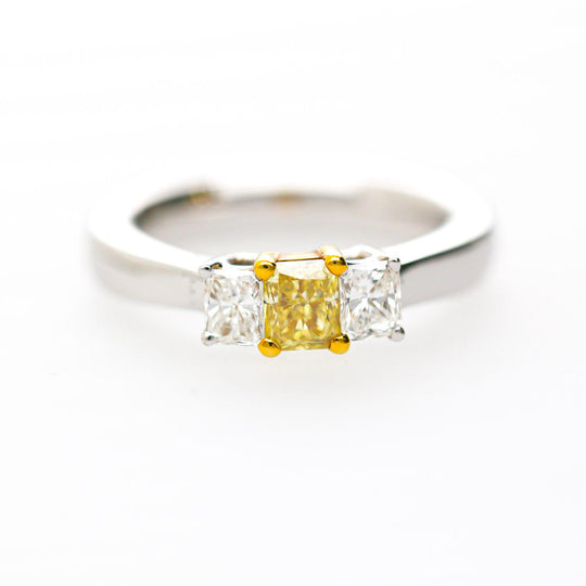 0.87 Carat Yellow and White Diamond Princess Cut 18K 3 Stone Ring