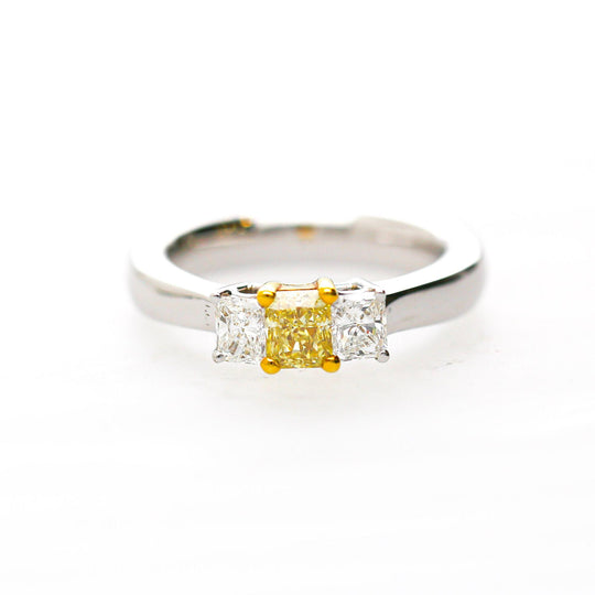0.87 Carat Yellow and White Diamond Princess Cut 18K 3 Stone Ring