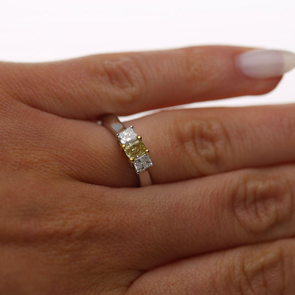 0.87 Carat Yellow and White Diamond Princess Cut 18K 3 Stone Ring