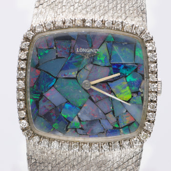 Vintage Longines Opal Mosaic Dial 34mm Diamond Bezel 18K White Gold Watch – Assay Jewelers