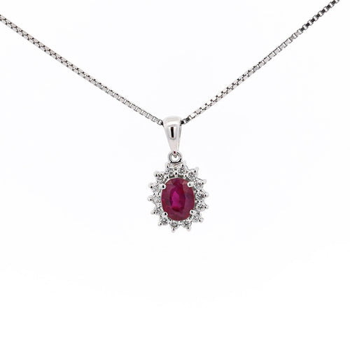 1 Carat Oval Cut Ruby & Diamond Halo Pendant Necklace in 14K White Gold