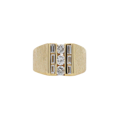 1 Carat Round & Baguette Cut Diamond & 18K Gold Matte Mens Ring