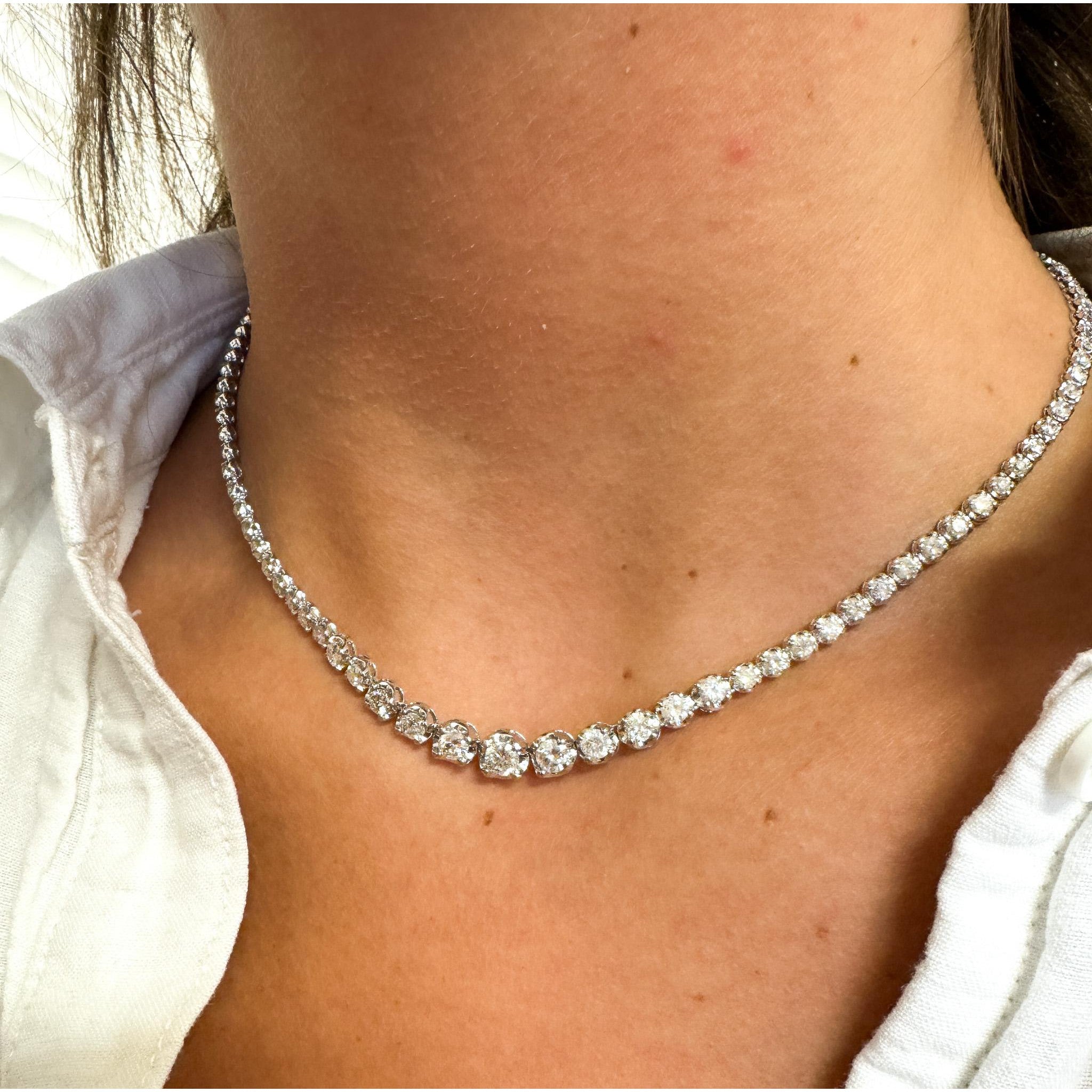 10 Carat Natural Diamond Graduated Tennis Necklace 18K White Gold