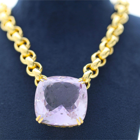 106.63 Carat Pink Amethyst Cushion 18K Gold Solitaire Chain Necklace