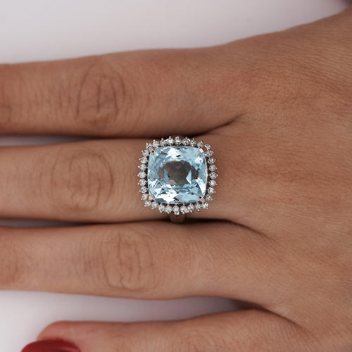 10.04 Carat Aquamarine Cushion Checkerboard Cut & Diamond Halo Platinum Ring