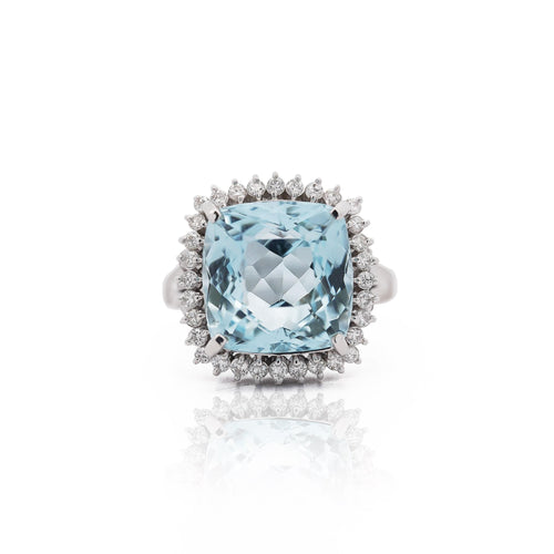 10.04 Carat Aquamarine Cushion Checkerboard Cut & Diamond Halo Platinum Ring