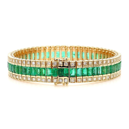 10.18 Carat Emerald and Diamond Baguette 14K Gold Three Row Bracelet