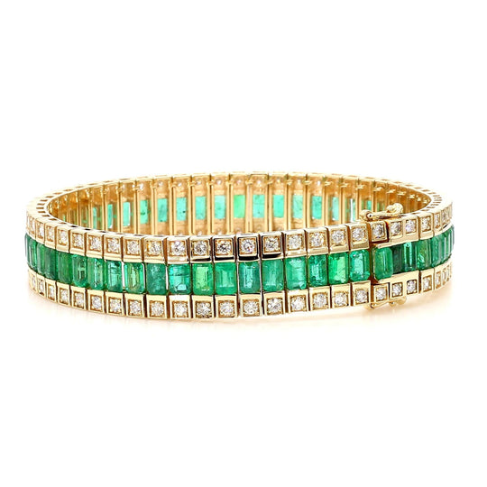 10.18 Carat Emerald and Diamond Baguette 14K Gold Three Row Bracelet