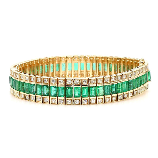 10.18 Carat Emerald and Diamond Baguette 14K Gold Three Row Bracelet