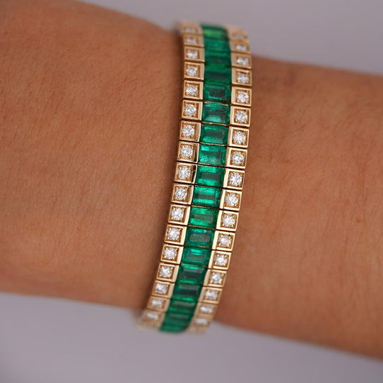 10.18 Carat Emerald and Diamond Baguette 14K Gold Three Row Bracelet