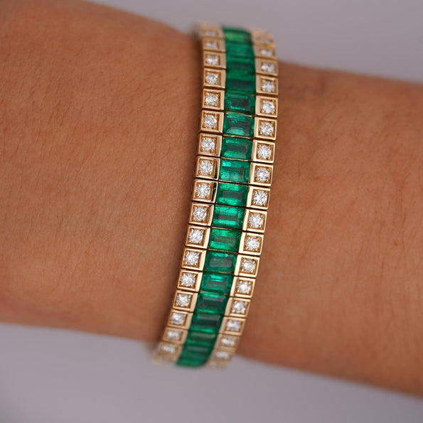 10.18 Carat Emerald and Diamond Baguette 14K Gold Three Row Bracelet