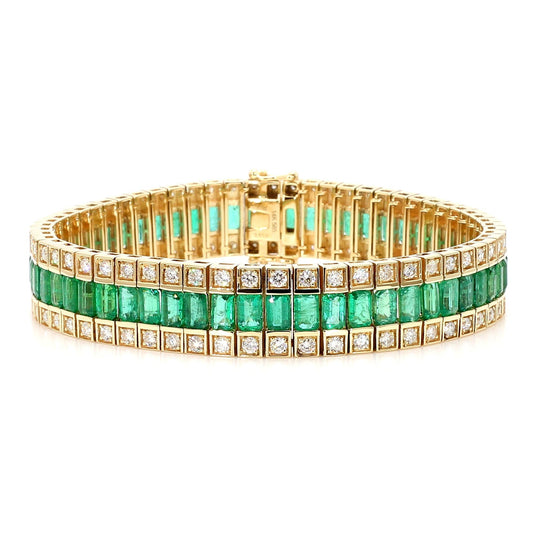 10.18 Carat Emerald and Diamond Baguette 14K Gold Three Row Bracelet