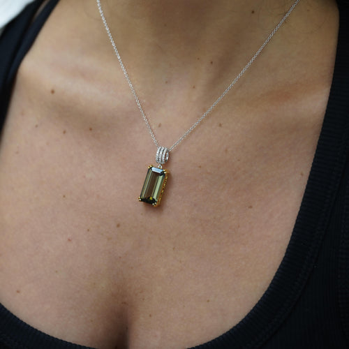 10.52 Carat Forrest Green Tourmaline Emerald Cut 18K Gold Pendant Necklace