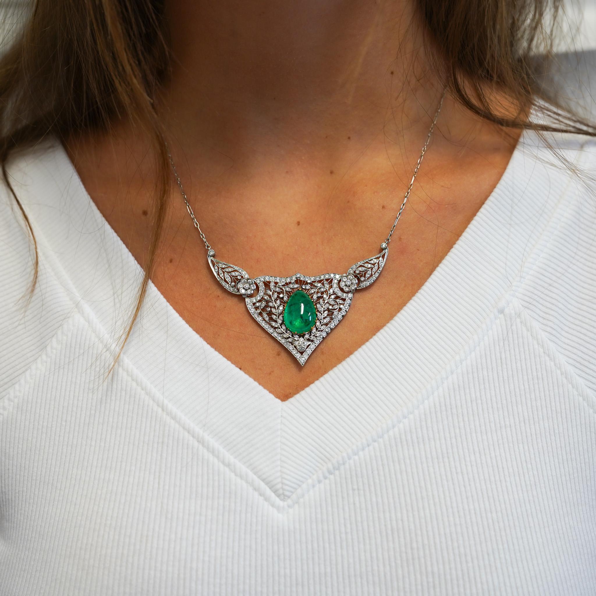 11 Carat Cabochon Drop Emerald and Diamond Floral Filigree Platinum Necklace