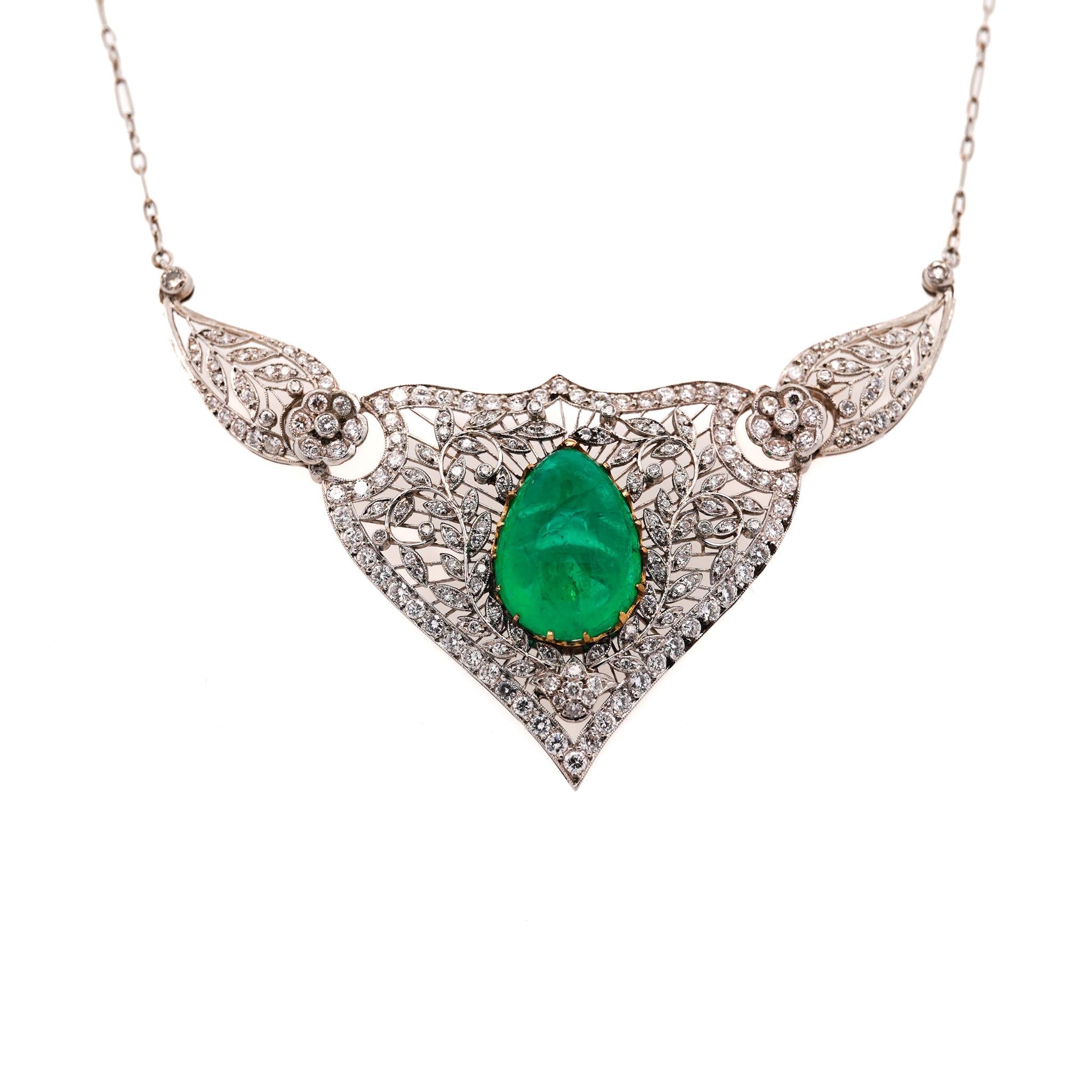 11 Carat Cabochon Drop Emerald and Diamond Floral Filigree Platinum Necklace