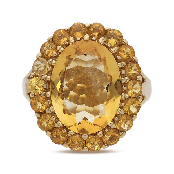11 Carat Oval Citrine & Round Citrine Halo 14K Yellow Gold Vintage Cocktail Ring