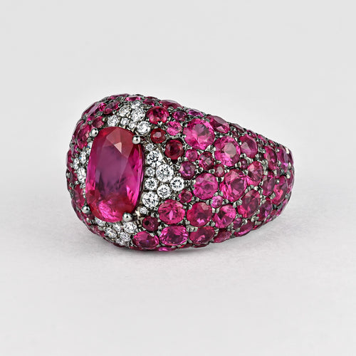 11 Carat Oval Cut Burma Pink Ruby & Diamond Cluster Dome Ring