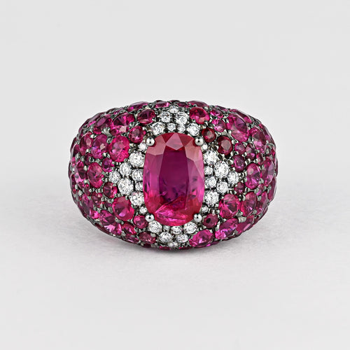 11 Carat Oval Cut Burma Pink Ruby & Diamond Cluster Dome Ring