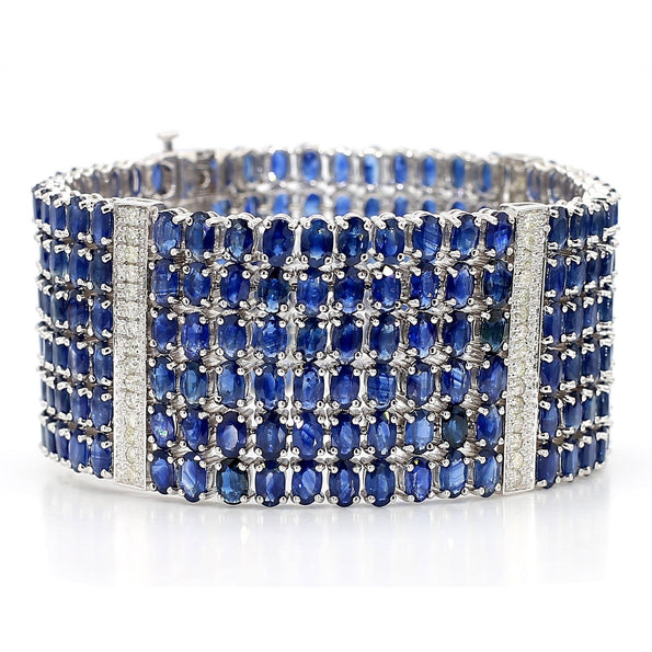110 Carat Blue Sapphire & Diamond 14K White Gold Six Row Wide Wrap Bracelet