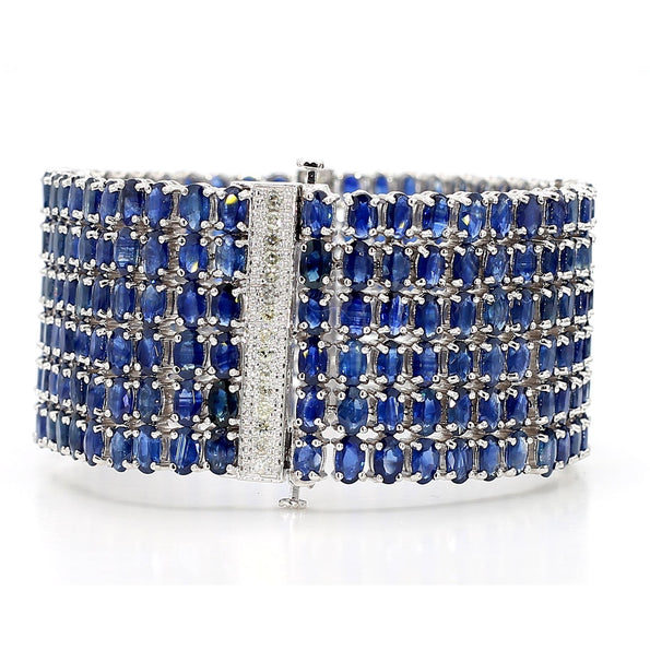 110 Carat Blue Sapphire & Diamond 14K White Gold Six Row Wide Wrap Bracelet