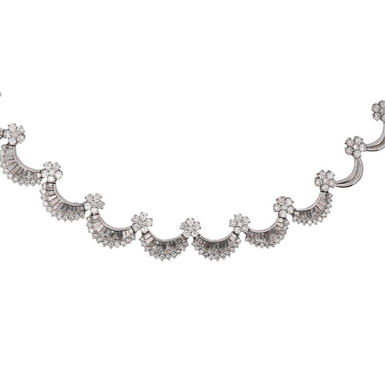 12 Carat Baguette Round Cut Diamond Floral Fan 18K White Gold Choker Necklace