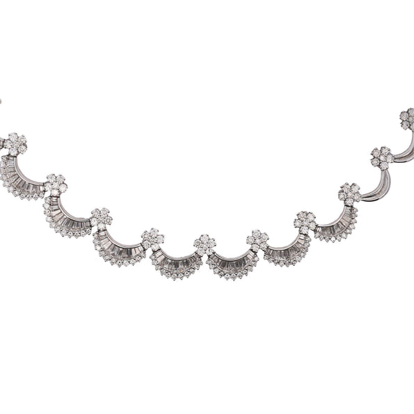 12 Carat Baguette Round Cut Diamond Floral Fan 18K White Gold Choker Necklace