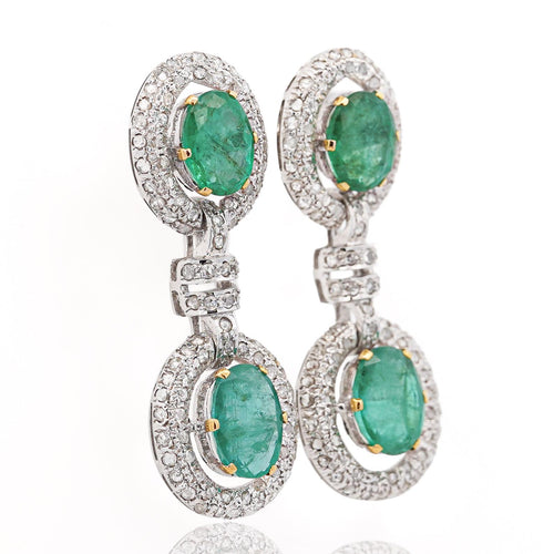 12 Carat Natural Oval Emerald & Rose-Cut Diamond Drop Earrings in 18K White Gold