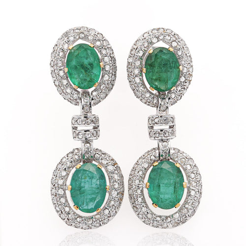 12 Carat Natural Oval Emerald & Rose-Cut Diamond Drop Earrings in 18K White Gold