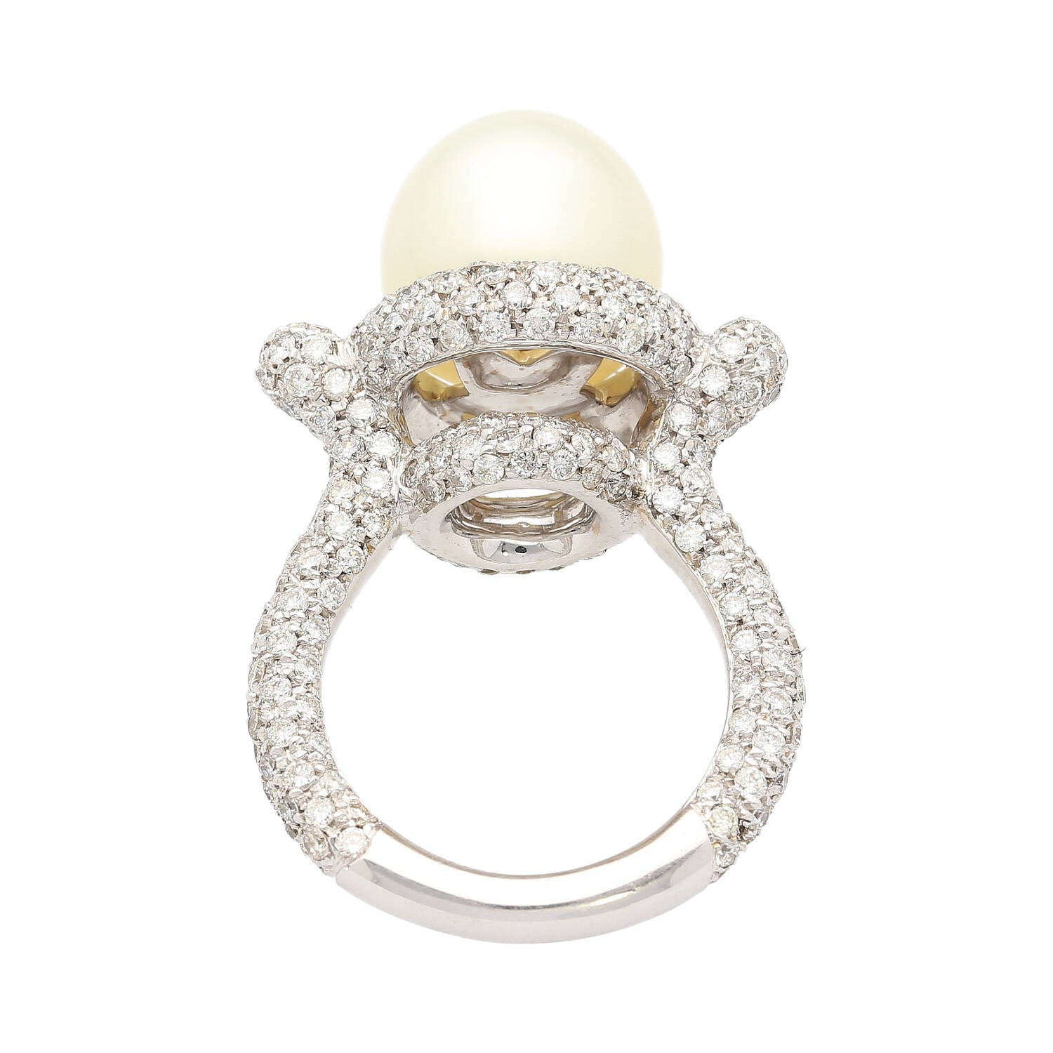 12.3MM SouthSea White Pearl and Round Cut Pave Diamond Ring in 18k White Gold-Rings-ASSAY