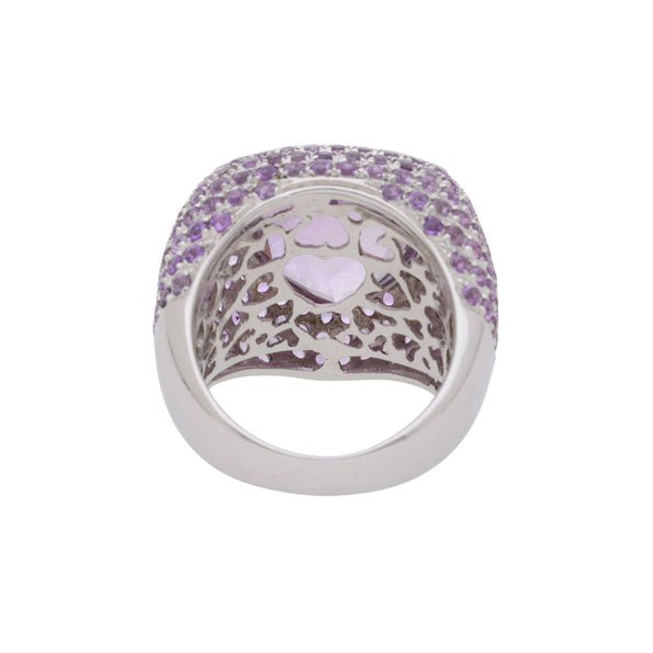 12.50 Carat Trillion Checkerboard Pink Amethyst Pave Dome 14K White Gold Ring