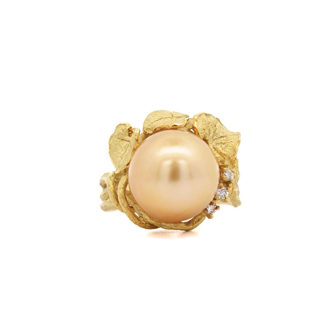 12.8mm Golden South Sea Pearl and Round Cut Diamonds Ring in 18k Yellow Gold